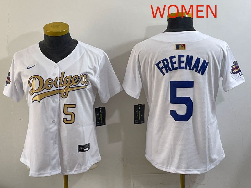 Women Los Angeles Dodgers #5 Freeman White Champion edition Nike MLB Jersey style 003->women mlb jersey->Women Jersey